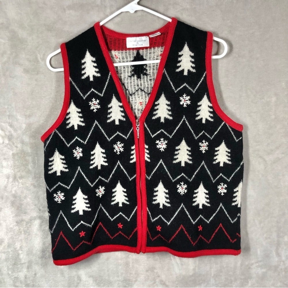 VTG Christopher & Banks 90s Wool Sweater Vest Women M Pine Tree Snowflake Winter